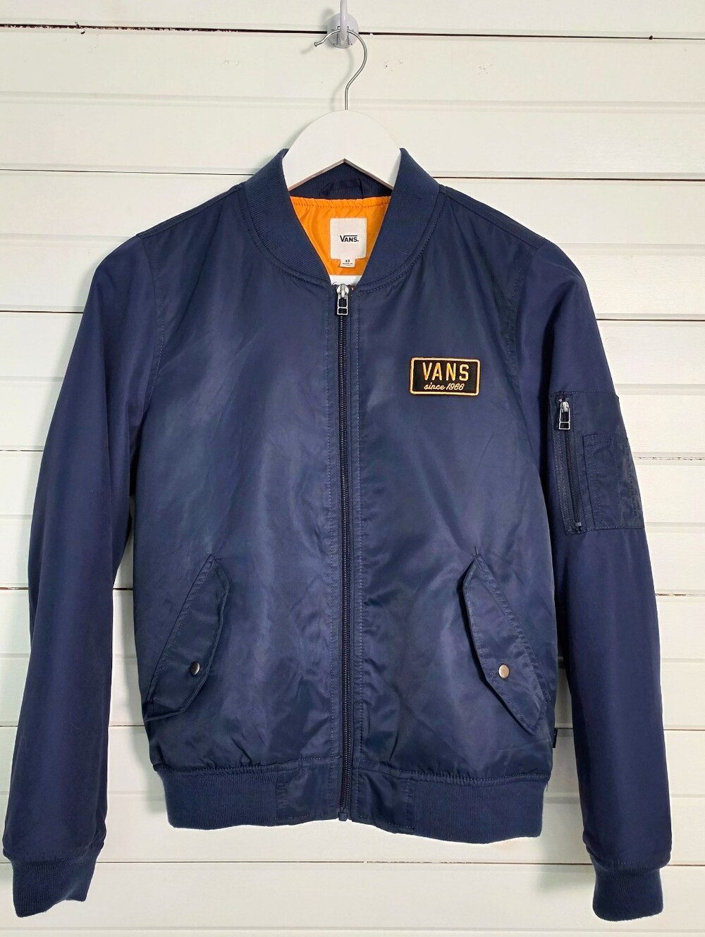 Vans Varsity Club Bomber Jacket Navy Blue Orange Lining XS Like New